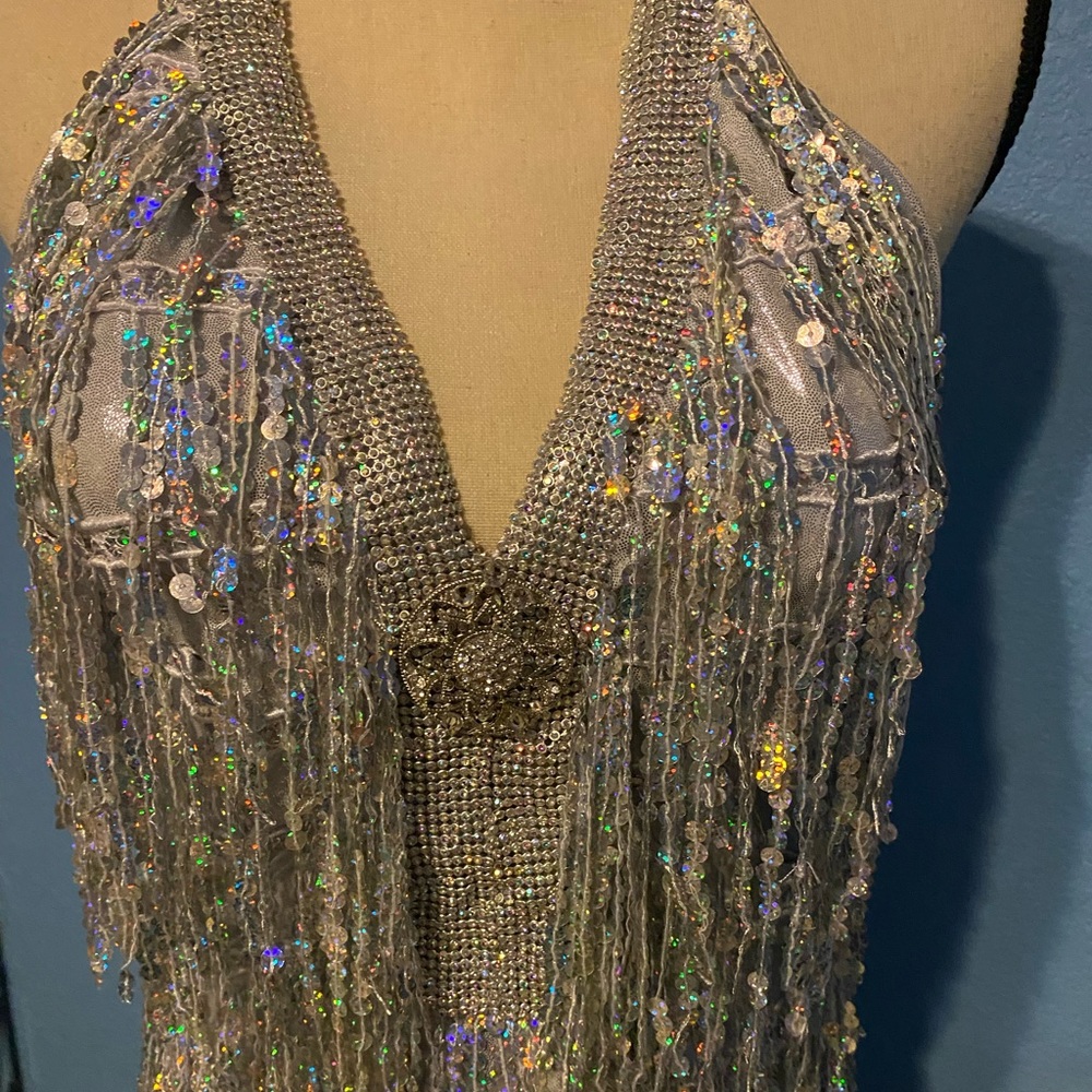 Silver Sequin Fringe Halter Dress - Disco Costume View 3